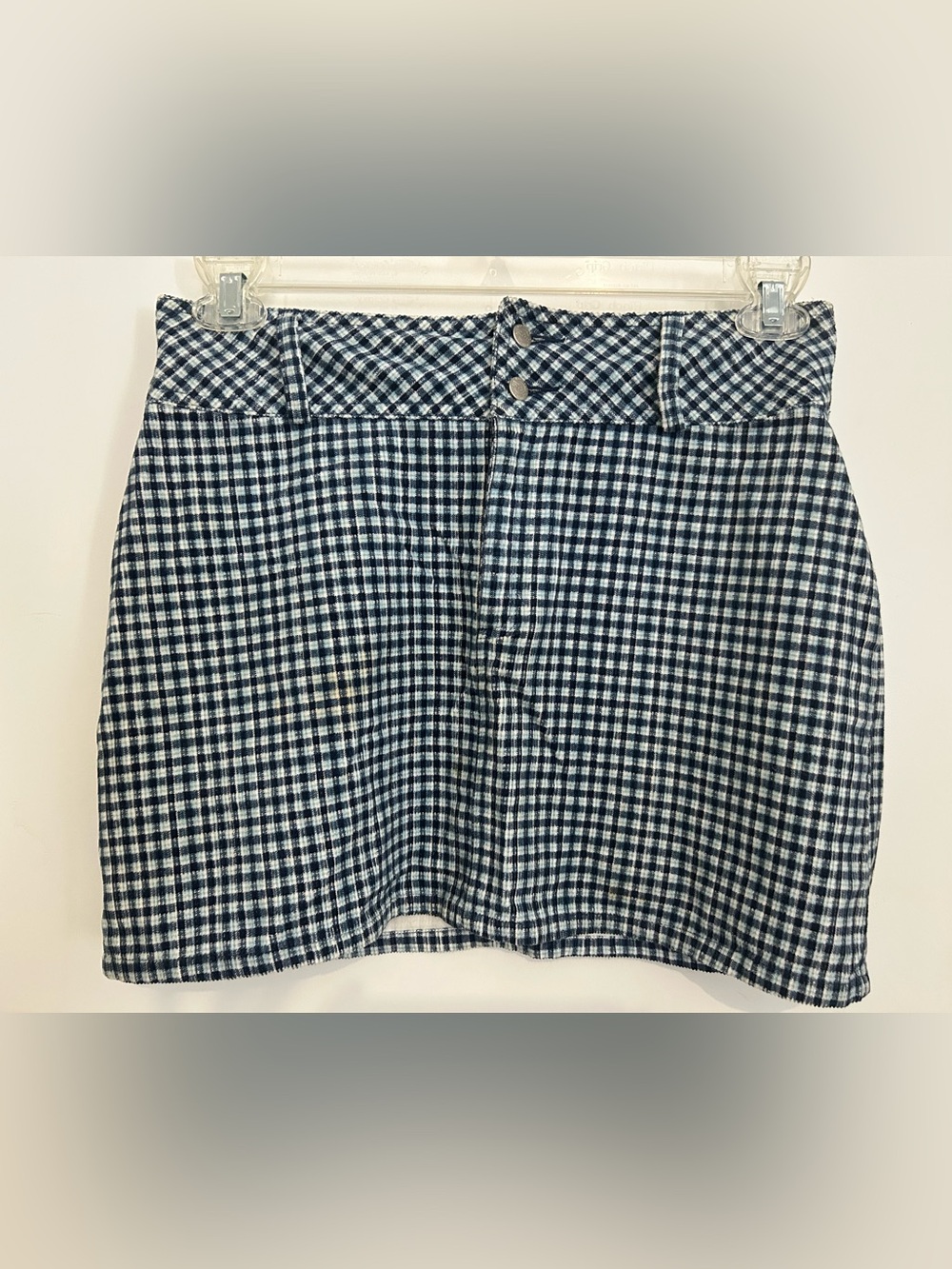Blue Asphalt blue, light blue & white Gingham Flat Front micro corduroy skirt
